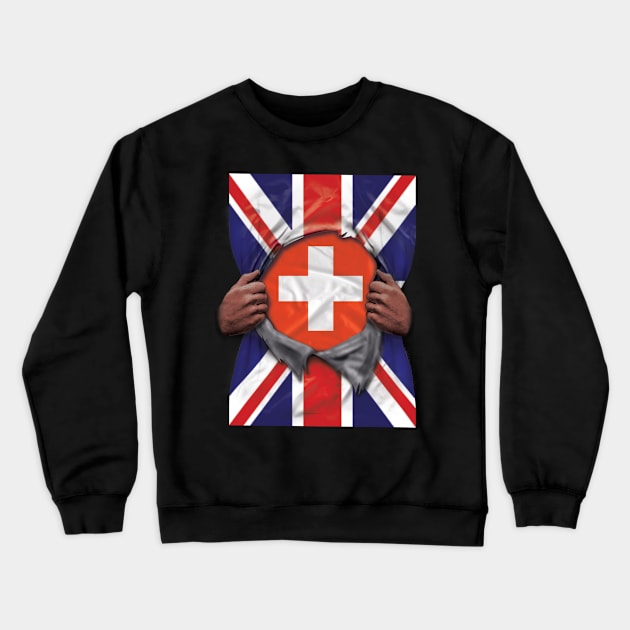 Switzerland Flag Great Britain Flag Ripped - Gift for Swiss From Switzerland Crewneck Sweatshirt by Country Flags